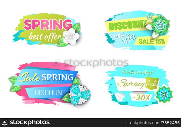 Spring best offer promo labels, only today best prices, shop clearance price tags vector isolated icons. Springtime discounts, sale from 15 to 30 percent off. Spring Best Offer Promo Labels, Best Prices Vector