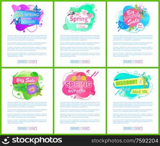 Spring best offer promo labels, vector floral springtime discounts, big sale fifteen percent off, shop clearance price tags vector poster. Website or webpage template, landing page flat style. Spring Best Discount Offer Vector Promo Labels