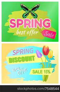 Spring best offer promo tag springtime discount new advert 15 off sale poster with exotic butterfly and bouquet of tulip flowers vector advertisements. Spring Best Offer Promo Tag Springtime Discount