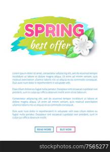 Spring best offer reduction of price vector web poster with text template. Springtime flower in bloom on sale label, promo advert certificate or voucher. Spring Best Offer Reduction of Price Vector Poster