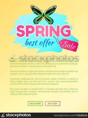 Spring best offer sale sticker with large green dragonfly butterfly vector advertisement banner springtime beauty, online web poster push button. Spring Best Offer Sale Sticker of Green Dragonfly