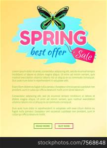 Spring best offer sale sticker with large green dragonfly butterfly vector advertisement banner springtime beauty, online web poster push button. Spring Best Offer Sale Sticker of Green Dragonfly