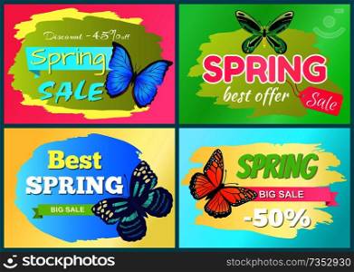Spring best offer sale stickers set half price discount advert tag labels with butterflies vector posters springtime creatures promo emblems design. Spring Offer Sale Stickers Set Half Price Discount