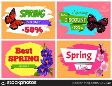 Spring big sale 50 best discount big deal 30 off set of posters with color butterflies, cherry or sakura blossoms, crocus flowers vector stickers set. Spring Big Sale Best Discount Preomo Price off set