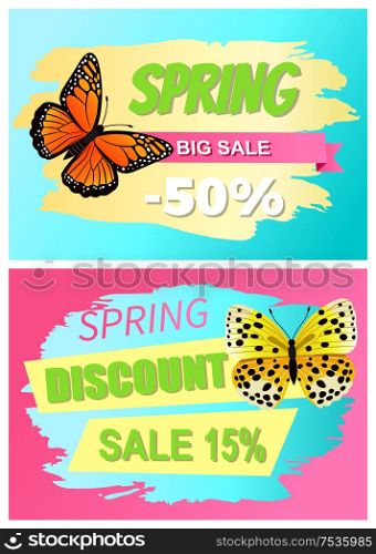 Spring big sale 50% off labels set butterflies of orange color with ornaments and decorated wings, vector illustrations promo advertssale 15%. Spring Big Sale 50% Off Labels Set Butterflies