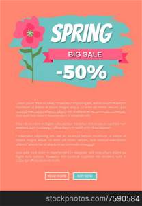 Spring big sale 50 percent off promo label with pink gentle flower. Vector webpage or website template, text sample and springtime special offer on orange. Spring Big Sale 50 Off Promo Label with Flower