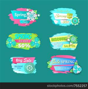 Spring big sale, new offer discounts with blooming flowers. Vector isolated price tag with springtime plants and half cost reduction, stickers icons. Spring Big Sale, Discounts and Blooming Flowers