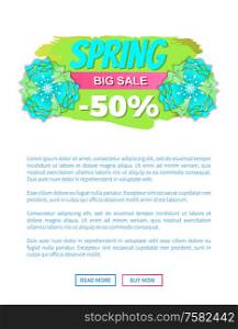 Spring big sale, promo web poster with informative label decorated by blooming flowers. Vector site template with 50 percent discount and text sample. Spring Big Sale, Promo Web Poster with Info Label