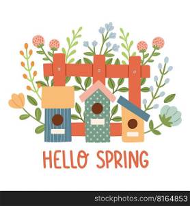 Spring birdhouse. Spring mood greeting card template. Welcome spring season invitation. Minimalist postcard birdhouse. 