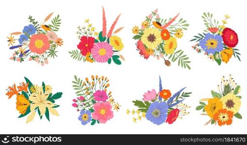 Spring blooming flower bouquets, floral wedding bouquet. Flowering lilies, peonies and wildflowers, blossom flowers arrangement vector set. Gift or present for birthday or anniversary holiday. Spring blooming flower bouquets, floral wedding bouquet. Flowering lilies, peonies and wildflowers, blossom flowers arrangement vector set