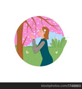 Spring blossom 2D vector web icon. Smiling woman sniffing blooming tree. Girl smelling flowers flat character on cartoon background. Springtime printable patch, colorful web element. Spring blossom 2D vector web icon