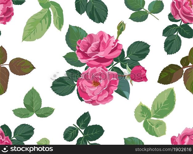 Spring blossom of roses or peonies, pink flowers in bloom. Romantic background or print for greeting card. Natural houseplant with buds and stems, leaves. Seamless pattern, vector in flat style. Blooming peonies or roses with buds pattern vector