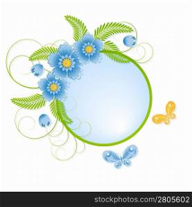 Spring blue background with flowers and butterflies