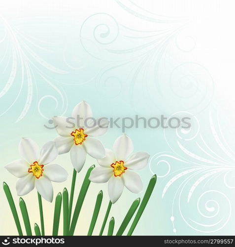 Spring blue background with flowers and swirls