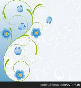Spring blue background with flowers and swirls