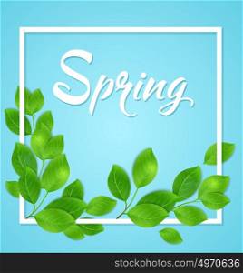 Spring blue background with green leaves in white frame