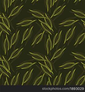 Spring botanical outline shapes seamless pattern on green background. Nature wallpaper. Design for fabric, textile print, wrapping, cover. Vector illustration.. Spring botanical outline shapes seamless pattern on green background.