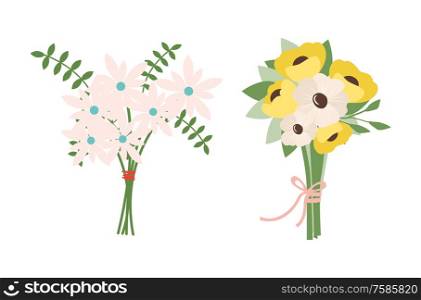 Spring bouquet tied by thread, flora with leaves, frondage composition of flowers. Vector leather fern foliage vector, springtime blooming romantic buds. Spring Bouquet Tied by Thread, Fora with Leaves