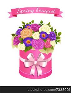 Spring bouquet with rose and peony flowers and green leaves, in decorative round box with silk bow vector illustration isolated on white background. Spring Bouquet with Rose and Peony Flowers Leaves