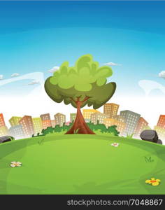 Spring City Landscape. Illustration of a cartoon spring or summer season urban landscape, with tree, green field and skyscrapers background