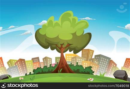 Spring City Landscape. Illustration of a cartoon spring or summer season urban landscape, with tree, green field and skyscrapers background