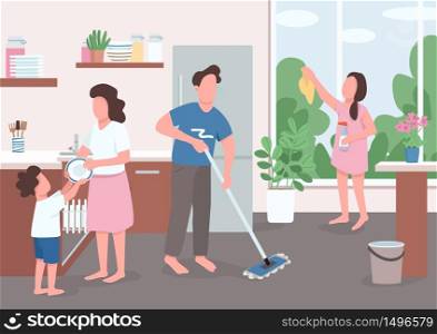 Spring cleaning flat color vector illustration. Children help parents with home chores. Girl clean window. Mom and son clean dishes. Family 2D cartoon characters with interior on background