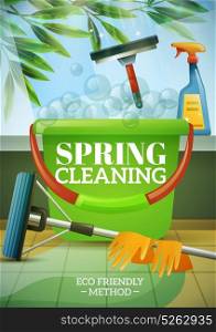 Spring Cleaning Poster. Spring cleaning poster with green branch behind window brush at glass bucket mop and gloves vector illustration