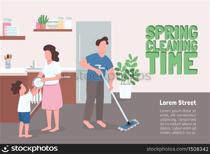 Spring cleaning time poster flat vector template. Parent and kip doing seasonal house chores. Brochure, booklet one page concept design with cartoon characters. Family routine flyer, leaflet