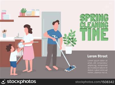 Spring cleaning time poster flat vector template. Parent and kip doing seasonal house chores. Brochure, booklet one page concept design with cartoon characters. Family routine flyer, leaflet