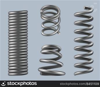 Spring coils. Steel geometrical 3d objects machine details metallic stretch and flexible material for heavy industry vector realistic spring coil. Illustration of spring metal, steel coil spiral. Spring coils. Steel geometrical 3d objects machine details metallic stretch and flexible material for heavy industry decent vector realistic spring coil