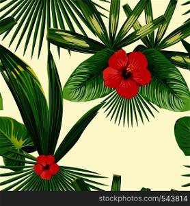 Spring composition from tropical plants, leaves and hibiscus flowers. Vector summer seamless wallpaper on white background pattern