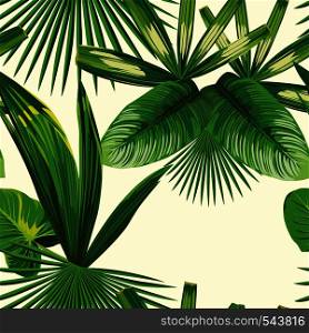Spring composition from tropical plants, leaves. Vector summer seamless wallpaper on white background pattern
