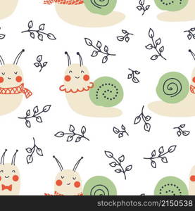 Spring cute snails with leaves seamless pattern. Perfect for T-shirt, greeting card, poster, textile and prints. Hand drawn vector illustration for decor and design.