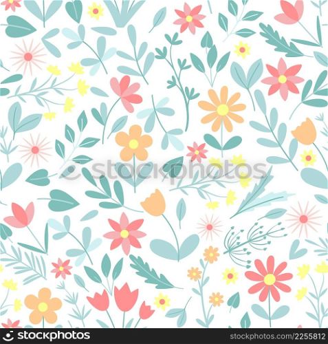Spring cute wild flowers seamless pattern. Background with greenery and flowering. Botanical herbal template for fabric, packaging and paper vector illustration. Spring cute wild flowers seamless pattern