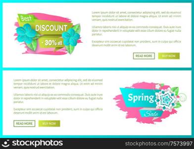 Spring decoration by flowers on web poster with text sample. Best spring discount 30 percent off price banner vector. Special offer proposition seasonal sale. Spring Decoration by Flowers on Web Posters Set