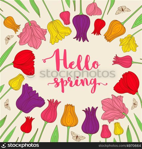 Spring decorative background with blooming tulips and lettering