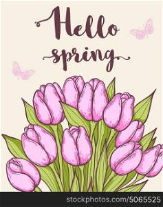 Spring decorative background with pink blooming tulips and lettering