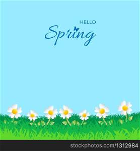 Spring design background. Card for spring season with frame and flowery field. Vector illustration for cover or poster