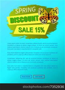 Spring discount sale 15 off emblem butterfly of yellow color with black dots, springtime creature vector online web poster push button. Spring Discount Sale 15 Off Butterfly Yellow Color