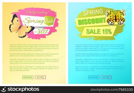 Spring discount sale 15 off emblems set on online web pages, butterflies of yellow color with black dots, butterfly springtime vector promo stickers. Spring Discount Sale 15 Off Emblems Set Web Pages