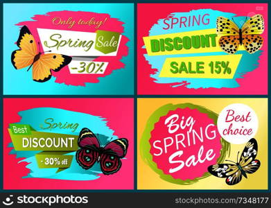 Spring discount sale 15 off set of emblems butterflies with black dots, butterfly springtime creatures vector illustration promo stickers design. Spring Discount Sale Off Set Emblems Butterflies