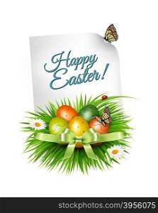 Spring Easter background. Easter eggs in grass with flowers. Vector.