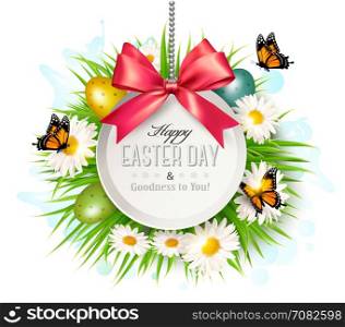 Spring Easter background. Easter eggs in grass with flowers. Vector.