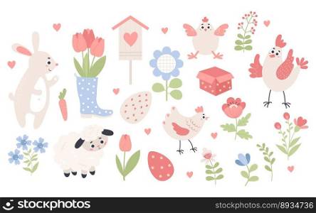 Spring Easter collection. Easter eggs, animals, insects and flowers. Vector illustration. Isolated holiday symbols in flat cartoon style for design, decor and kids collection