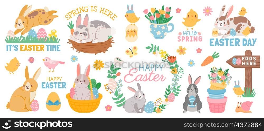 Spring easter cute animal characters and garden elements. Cartoon easter bunny with eggs in basket, flowers, chickens and birds vector set. Illustration of funny rabbit and bunny season. Spring easter cute animal characters and garden elements. Cartoon easter bunny with eggs in basket, flowers, chickens and birds vector set