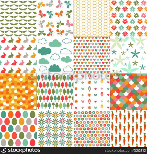Spring, easter patterns. Vector seamless backgrounds.