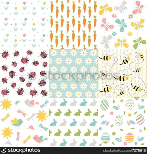 Spring, easter patterns. Vector seamless backgrounds.