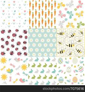 Spring, easter patterns. Vector seamless backgrounds.