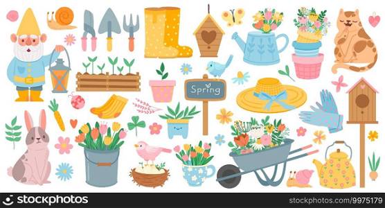 Spring elements. Blooming flower, cute animals and birds. Springtime garden decoration, birdhouse, tool and plants, drawn cartoon vector set. Wheelbarrow with tulips, leaves, boots. Spring elements. Blooming flower, cute animals and birds. Springtime garden decoration, birdhouse, tool and plants, drawn cartoon vector set