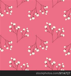 Spring Endless pattern with cherry branches in trendy coral shades. Hello spring. Happy Easter. Backdrop. Texture. Design for wrapping, web, wallpaper, greeting or invitation card, price or label. EPS